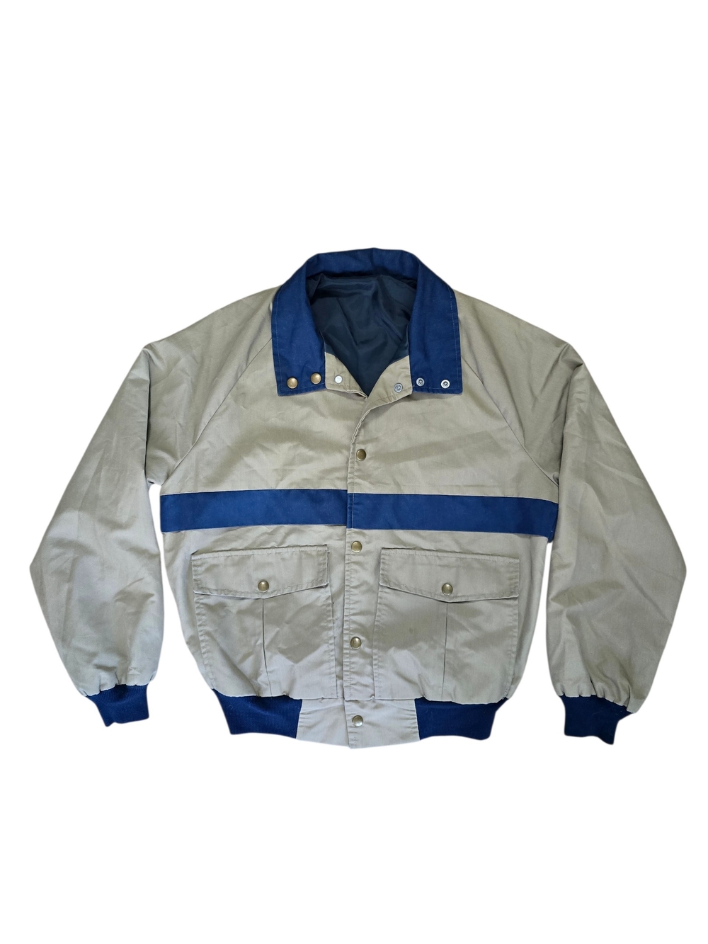 Vintage 1980's Men's Two-Tone Police Bomber Jacket Beige/Navy w Lining Sz Medium